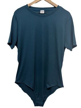 Real Essentials Teal Ribbed Bodysuit 2X Short Sleeve Minimalist Stretch Basic